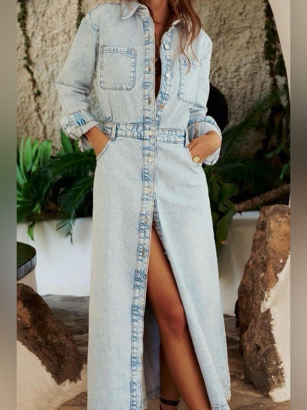 Zara Shirt Dress Womens M Blue Denim Snap Front Midi Pockets Belt Loops